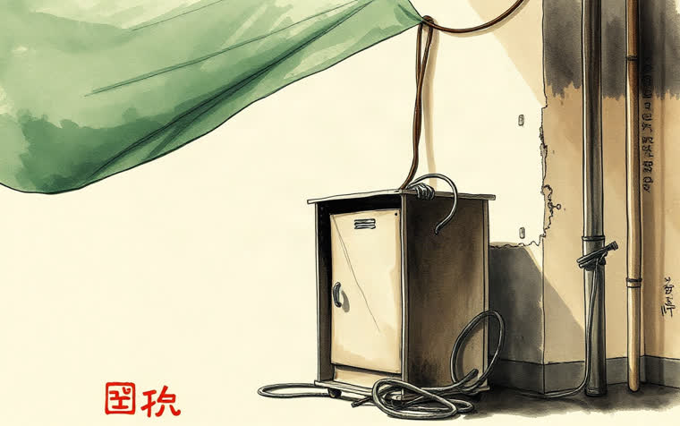 Một chiếc tủ điện tạm bợ với các mối nối dây điện lỏng lẻo, nằm dưới ánh sáng lạnh lẽo hắt qua tấm bạt xanh tại khu đất đang xây dựng ẩm ướt.